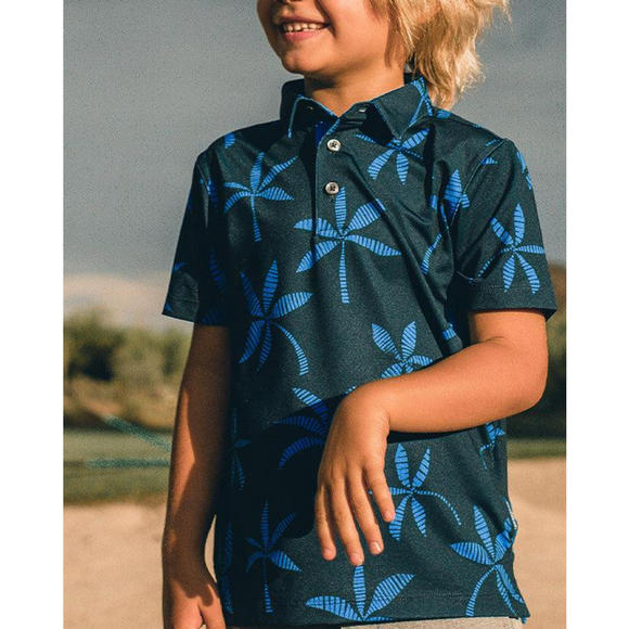 Boys Devereux Polo Shirt Size 10Y Navy Blue Palm Tree Performance dry fit golf - Picture 1 of 5